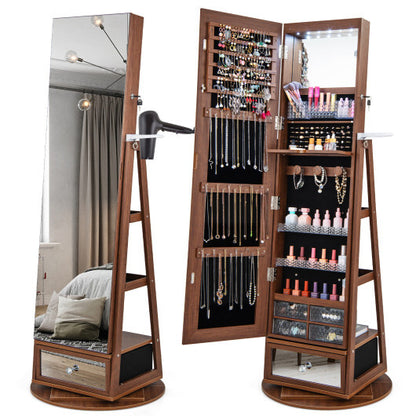 Lockable 360° Swivel Jewelry Cabinet with Full-Length Mirror & LED Lights – Walnut
