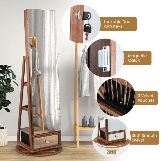 Lockable 360° Swivel Jewelry Cabinet with Full-Length Mirror & LED Lights – Walnut