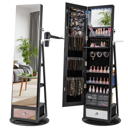 Lockable 360° Swivel Jewelry Cabinet with Full-Length Mirror & LED Lights – Black