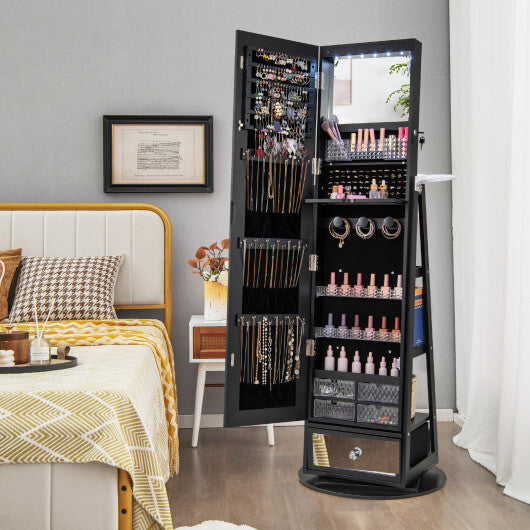 Lockable 360° Swivel Jewelry Cabinet with Full-Length Mirror & LED Lights – Black