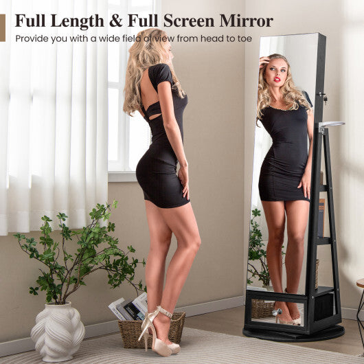 Lockable 360° Swivel Jewelry Cabinet with Full-Length Mirror & LED Lights – Black