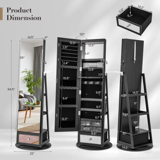 Lockable 360° Swivel Jewelry Cabinet with Full-Length Mirror & LED Lights – Black