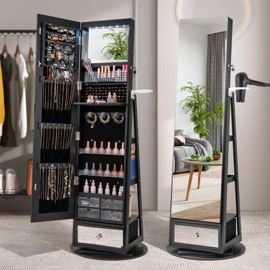 Lockable 360° Swivel Jewelry Cabinet with Full-Length Mirror & LED Lights – Black