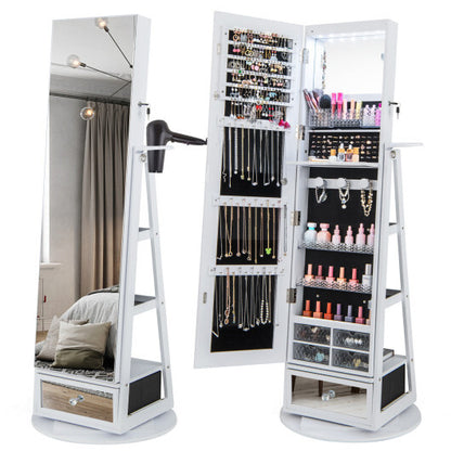 Lockable 360? Swivel Jewelry Cabinet with Full-Length Mirror LED Lights-White - Color: White