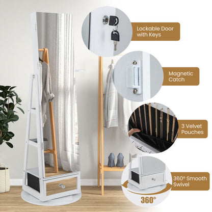 Lockable 360? Swivel Jewelry Cabinet with Full-Length Mirror LED Lights-White - Color: White