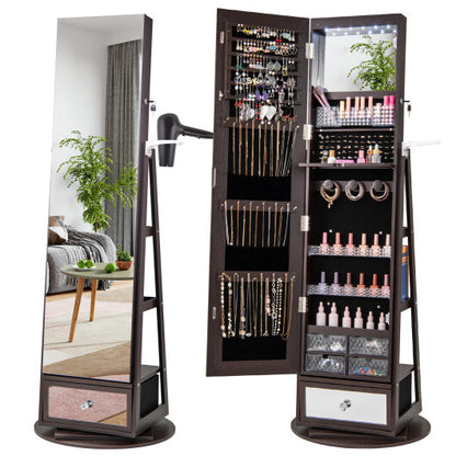 Lockable 360° Swivel Jewelry Cabinet with Full-Length Mirror & LED Lights – Dark Brown