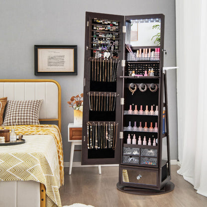 Lockable 360° Swivel Jewelry Cabinet with Full-Length Mirror & LED Lights – Dark Brown