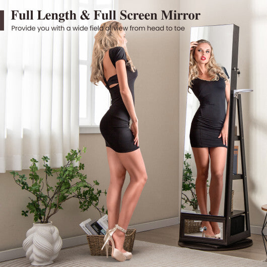 Lockable 360° Swivel Jewelry Cabinet with Full-Length Mirror & LED Lights – Dark Brown