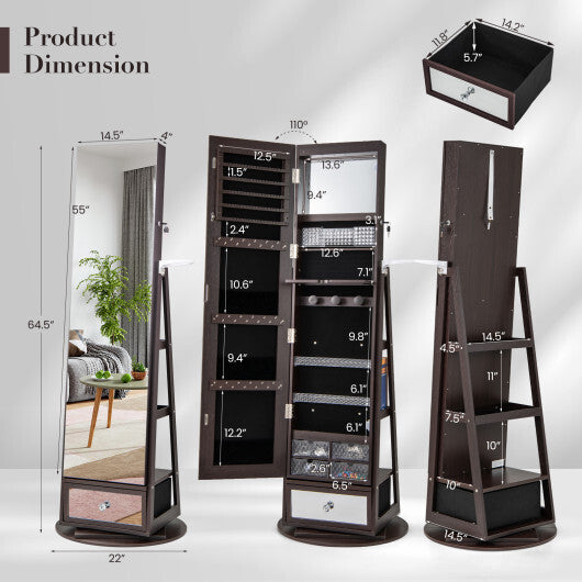 Lockable 360° Swivel Jewelry Cabinet with Full-Length Mirror & LED Lights – Dark Brown