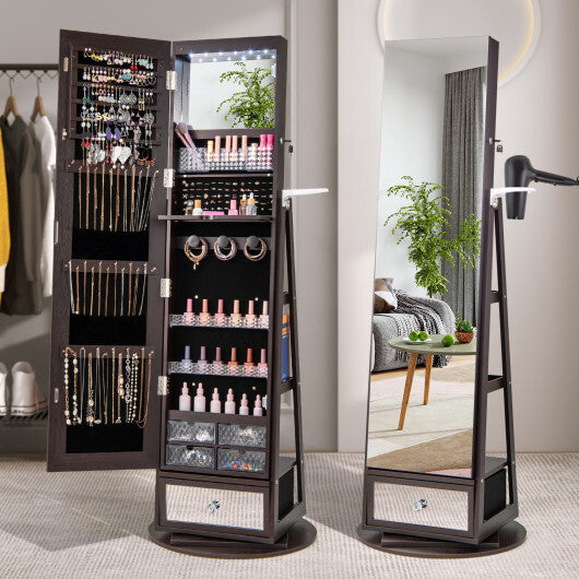 Lockable 360° Swivel Jewelry Cabinet with Full-Length Mirror & LED Lights – Dark Brown