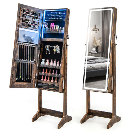 Lockable Jewelry Armoire Standing Cabinet with Lighted Full-Length Mirror – Rustic Brown Finish