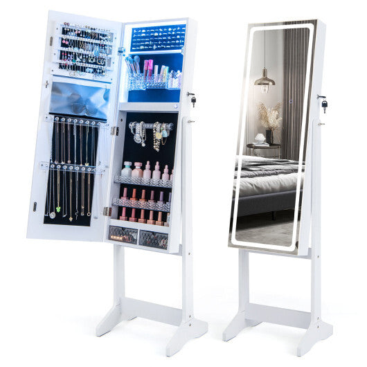 Lockable Jewelry Armoire Standing Cabinet with Lighted Full-Length Mirror – White Finish