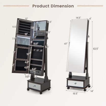 47-Inch Wall-Mounted Jewelry Armoire with Touch LED Mirror – Brown Finish