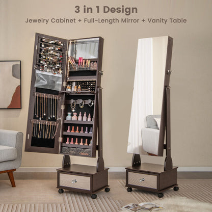 47-Inch Wall-Mounted Jewelry Armoire with Touch LED Mirror – Brown Finish