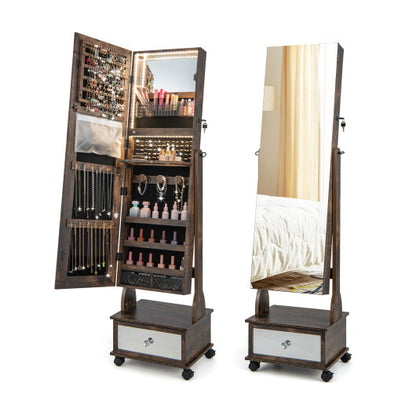 47-Inch Lockable Jewelry Cabinet with Full-Length Mirror & LED Lights – Rustic Brown