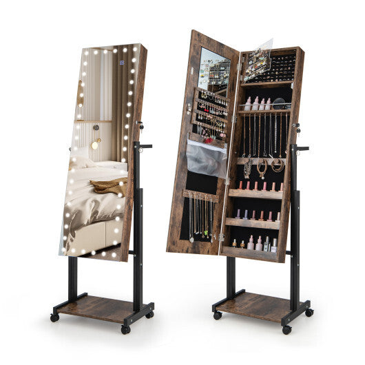 Mirror Jewelry Cabinet Armoire with Adjustable Height & Wheels – Brown Finish