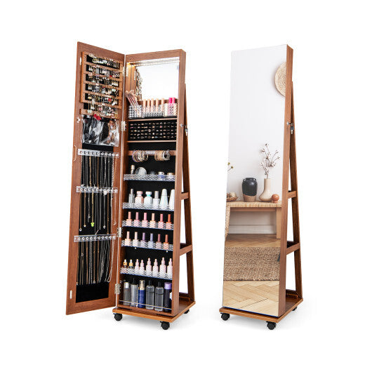 64-Inch Lockable Jewelry Cabinet Armoire with Built-in Makeup Mirror – Brown Finish