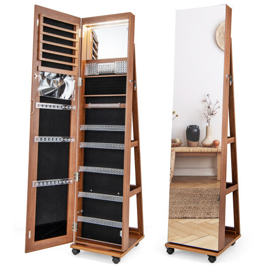 64-Inch Lockable Jewelry Cabinet Armoire with Built-in Makeup Mirror – Brown Finish