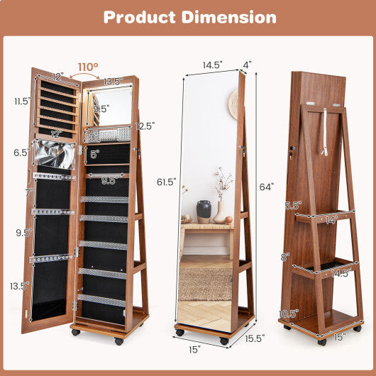 64-Inch Lockable Jewelry Cabinet Armoire with Built-in Makeup Mirror – Brown Finish
