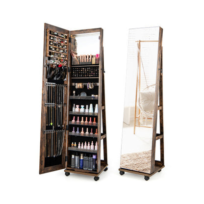 64-Inch Lockable Jewelry Cabinet Armoire with Built-in Makeup Mirror – Elegant Coffee Finish
