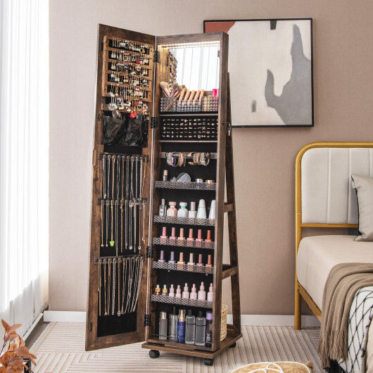64-Inch Lockable Jewelry Cabinet Armoire with Built-in Makeup Mirror – Elegant Coffee Finish