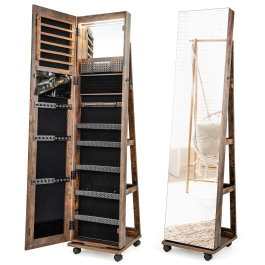 64-Inch Lockable Jewelry Cabinet Armoire with Built-in Makeup Mirror – Elegant Coffee Finish