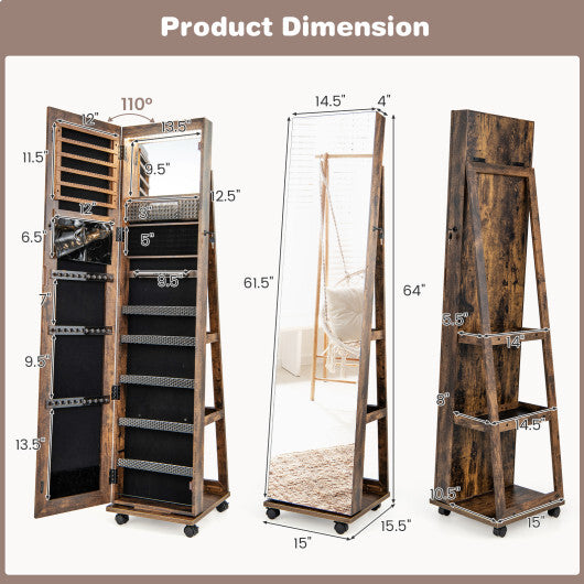 64-Inch Lockable Jewelry Cabinet Armoire with Built-in Makeup Mirror – Elegant Coffee Finish