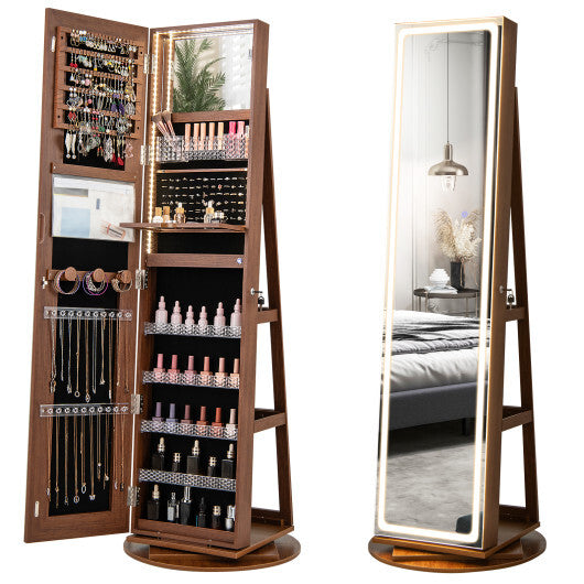 Standing Jewelry Cabinet with Adjustable LED Lights – Brown Finish