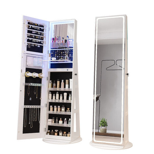 Standing Jewelry Cabinet with Adjustable LED Lights – White Finish