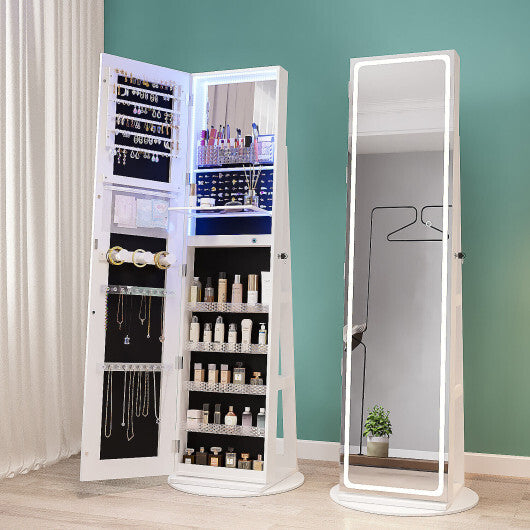 Standing Jewelry Cabinet with Adjustable LED Lights – White Finish