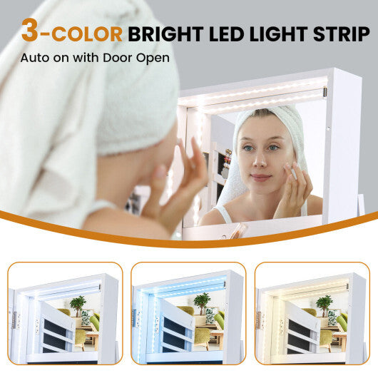 Standing Jewelry Cabinet with Adjustable LED Lights – White Finish