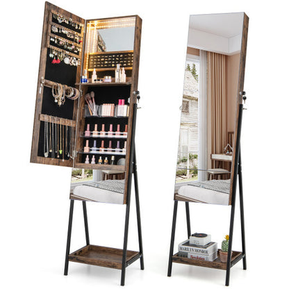 Lockable Freestanding Jewelry Organizer with Full-Length Frameless Mirror – Rustic Brown