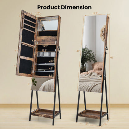 Lockable Freestanding Jewelry Organizer with Full-Length Frameless Mirror – Rustic Brown