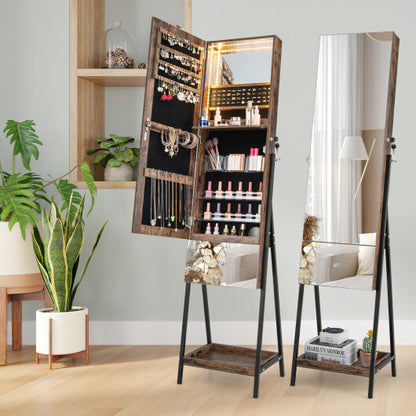 Lockable Freestanding Jewelry Organizer with Full-Length Frameless Mirror – Rustic Brown