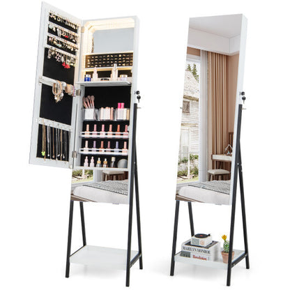 Lockable Freestanding Jewelry Organizer with Full-Length Frameless Mirror – White