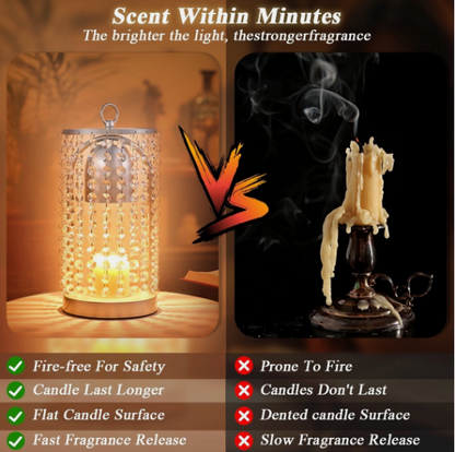 Comparison of a fire-free candle holder with a traditional candle, highlighting safety and fragrance release differences.