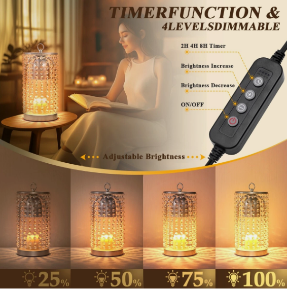 Table lamp with timer and dimmer control, shown in various brightness settings.