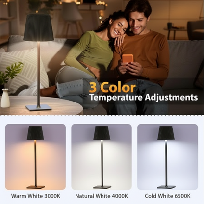 Couple sitting on a couch using a smartphone with a lamp displaying 3 color temperature adjustments.