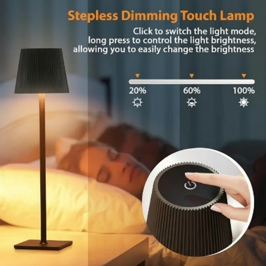 Stepless dimming touch lamp with control knob and light mode indicator on a blurred bedroom background.