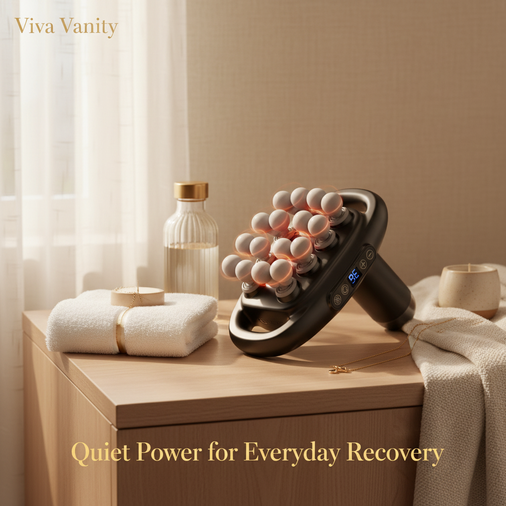 Massage device with control panel and text on modes and intensity levels.