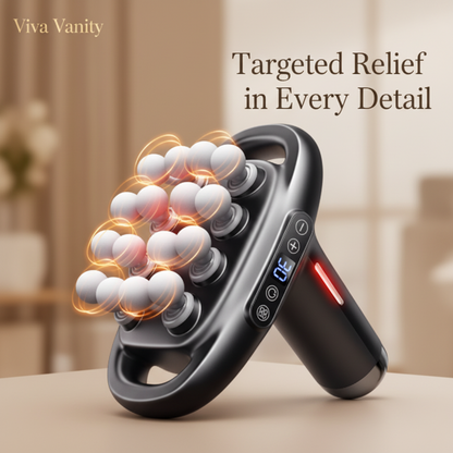 Massage device with control panel and text on modes and intensity levels.