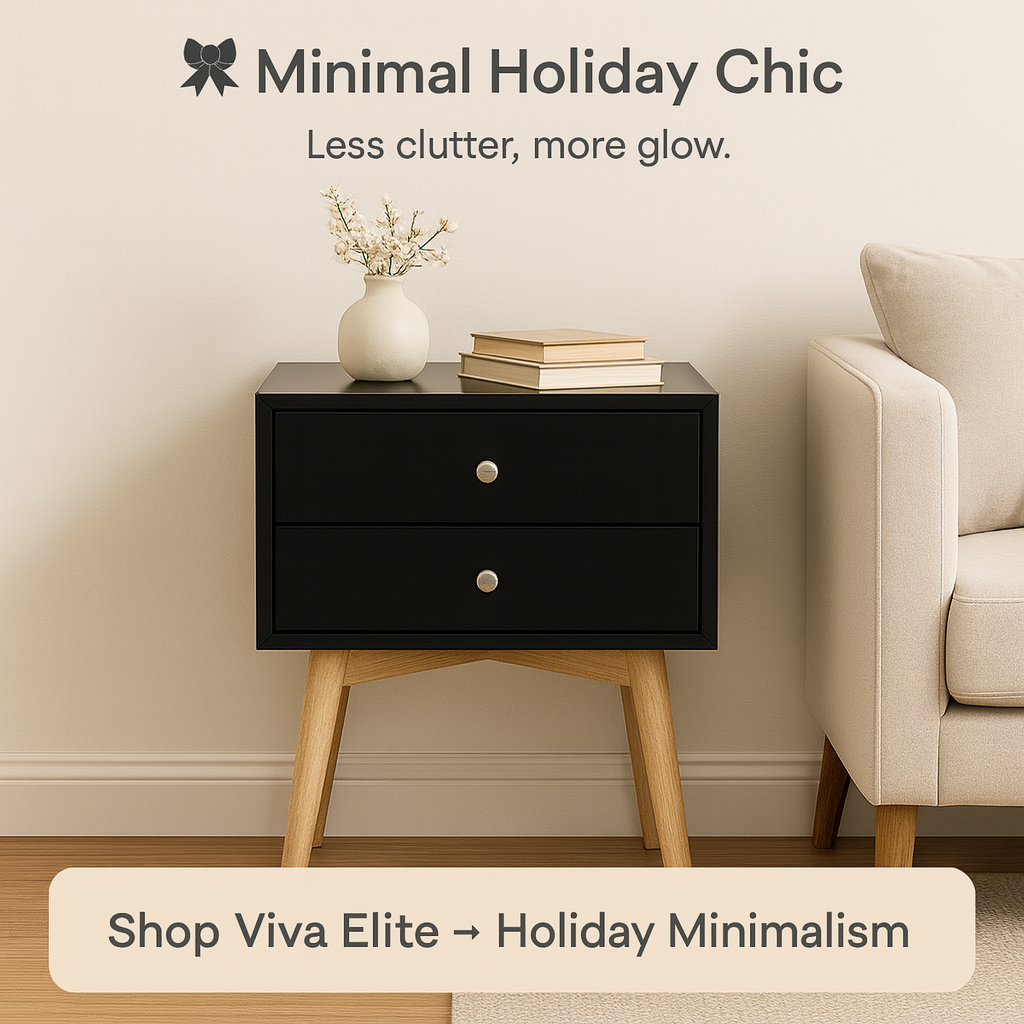 Viva Nocturne Elite Mid-Century Bedside Table – Premium 2-Drawer Rubber Wood Legs