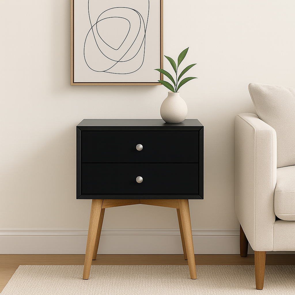 Viva Nocturne Elite Mid-Century Bedside Table – Premium 2-Drawer Rubber Wood Legs