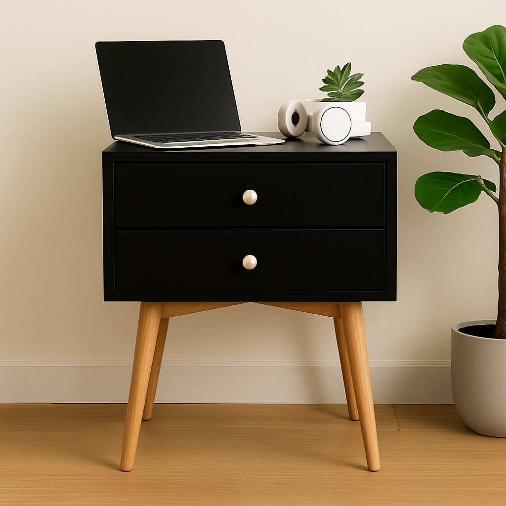 Viva Nocturne Elite Mid-Century Bedside Table – Premium 2-Drawer Rubber Wood Legs