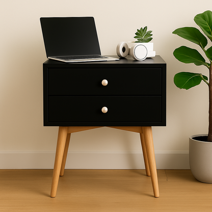 Viva Nocturne Elite Mid-Century Bedside Table – Premium 2-Drawer Rubber Wood Legs
