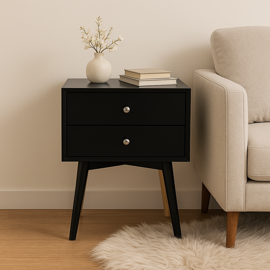 Viva Nocturne Elite Mid-Century Bedside Table – Premium 2-Drawer Rubber Wood Legs
