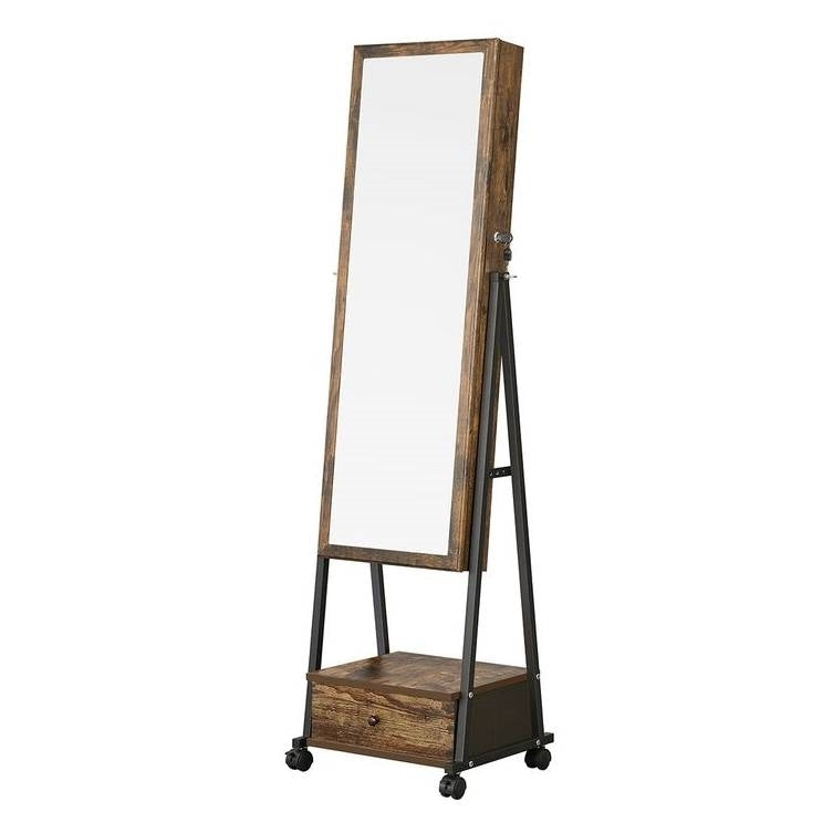 Modern Industrial Metal & Wood Jewelry Armoire Cabinet Organizer with Mirror on Wheels