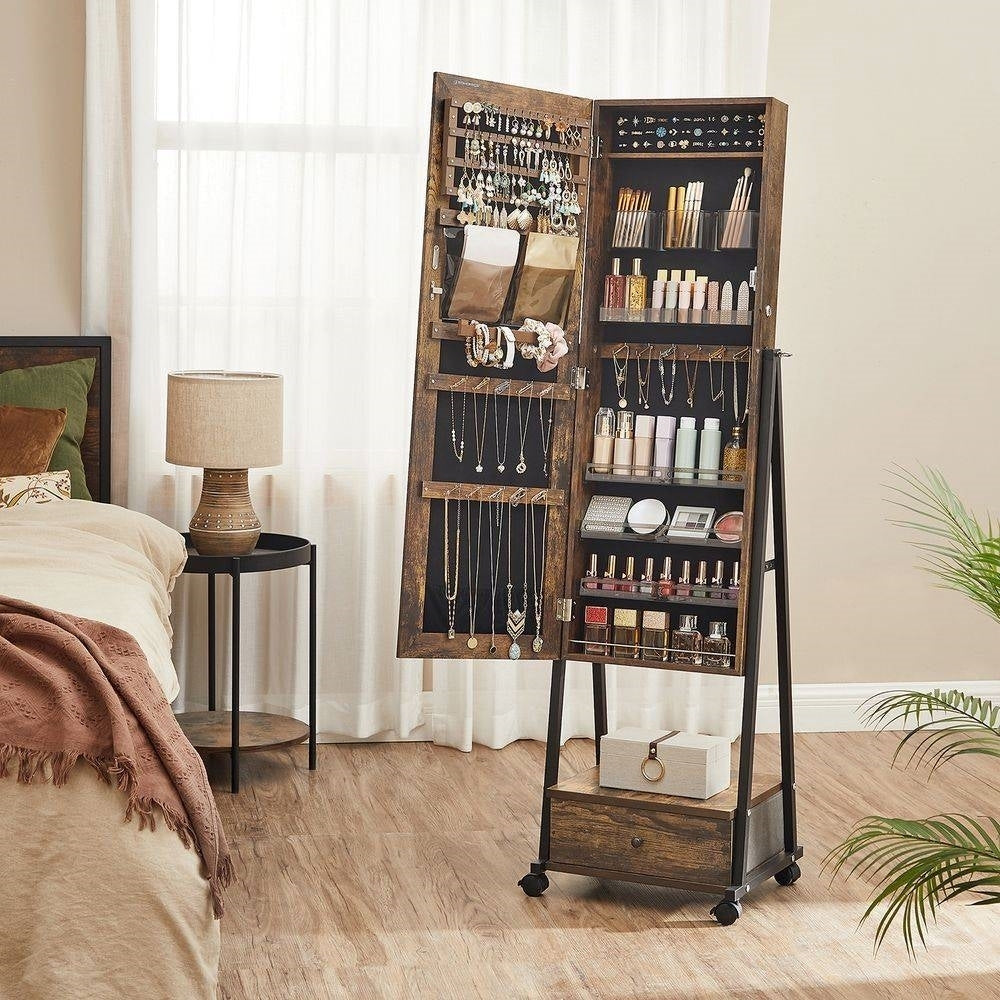 Modern Industrial Metal & Wood Jewelry Armoire Cabinet Organizer with Mirror on Wheels
