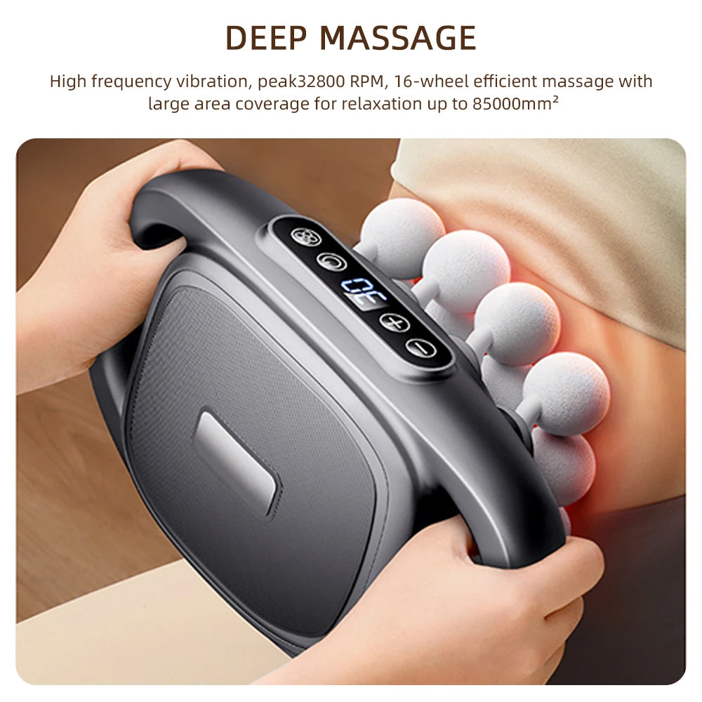 Handheld massage device with digital display being used on a person's leg, text about deep massage features.