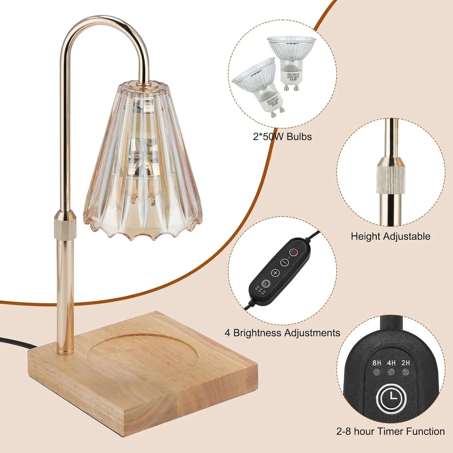 Table lamp with wooden base, adjustable height, and bulb information on a beige background